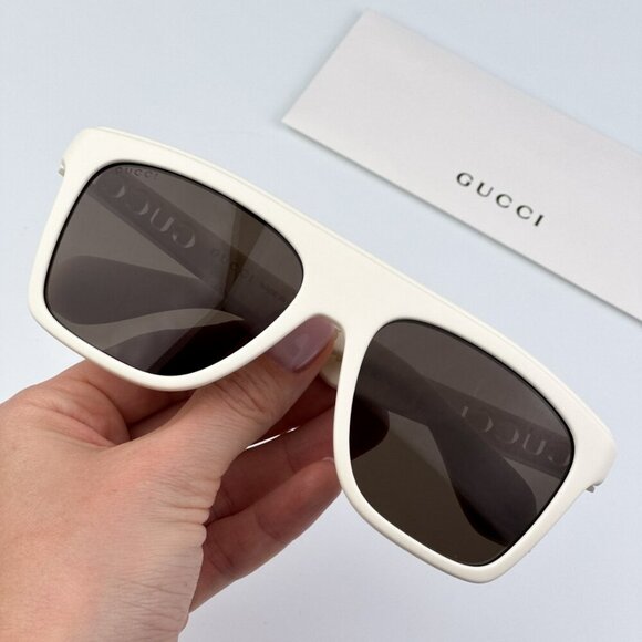 Gucci GG1570S 003 BRAND NEW Sunglasses Matte White Brown Unisex Pilot - Picture 1 of 11